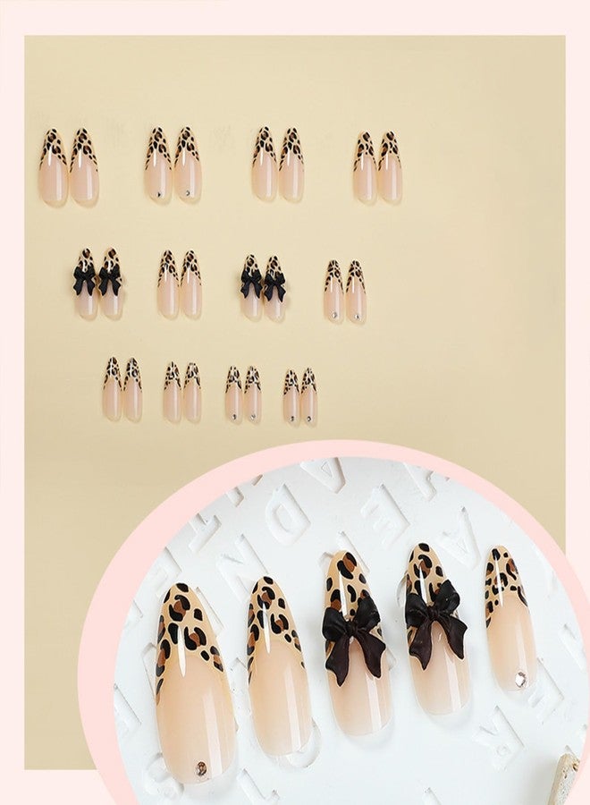 SINHOT Almond Press on Nails Medium Fake Nails Glossy Glue on Nails Leopard Print Acrylic Nails 3D Bowknot Stiletto Artificial Nails French Tip Stick on False Nails with Design 24 pcs - Image 4